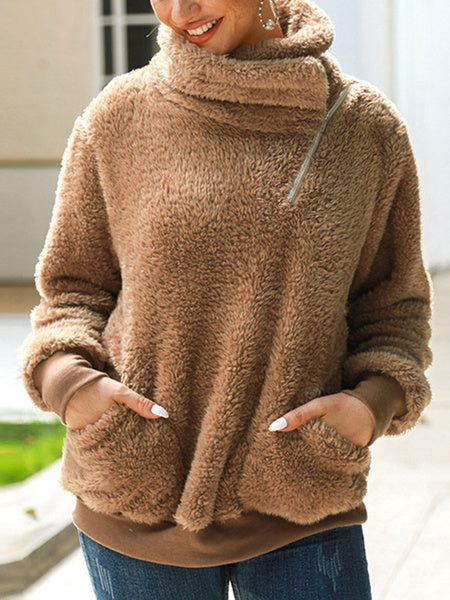 Long Sleeves High Collar Zipper Faux Fur Hoddie