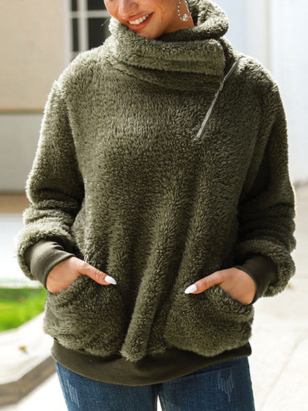 Long Sleeves High Collar Zipper Faux Fur Hoddie