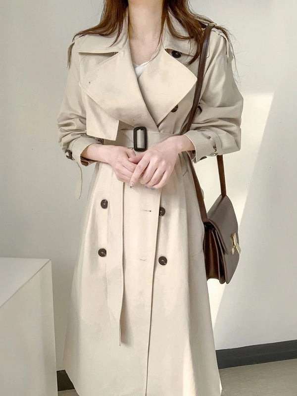 Elegant Long Trench Coat Double Breasted Sashes Casual Office Outerwear Jacket