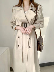 Elegant Long Trench Coat Double Breasted Sashes Casual Office Outerwear Jacket