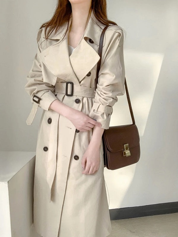 Elegant Long Trench Coat Double Breasted Sashes Casual Office Outerwear Jacket