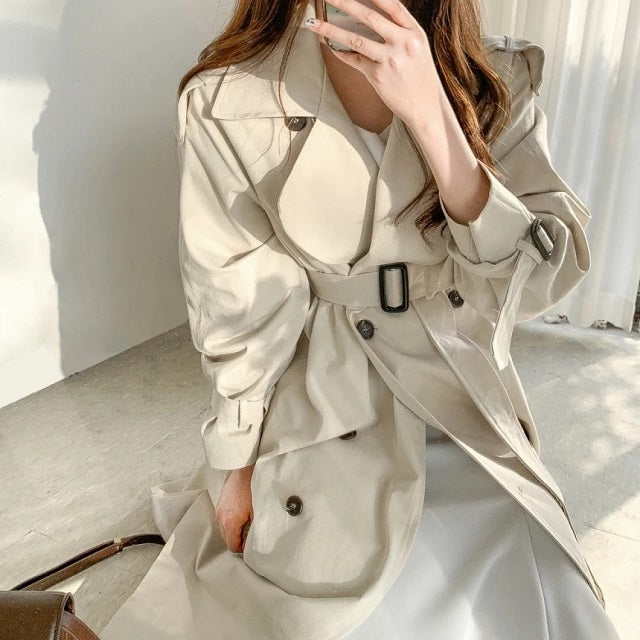 Elegant Long Trench Coat Double Breasted Sashes Casual Office Outerwear Jacket