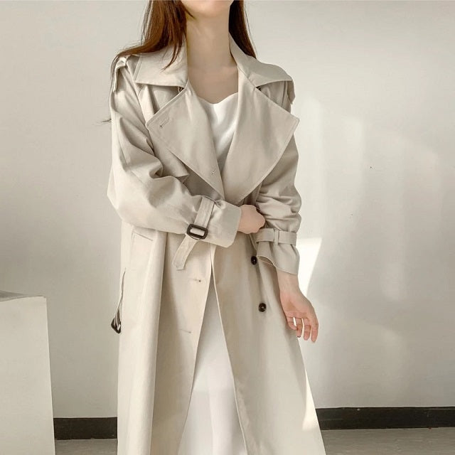 Elegant Long Trench Coat Double Breasted Sashes Casual Office Outerwear Jacket