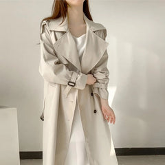 Elegant Long Trench Coat Double Breasted Sashes Casual Office Outerwear Jacket