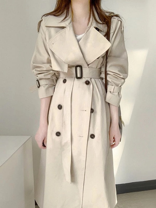 Elegant Long Trench Coat Double Breasted Sashes Casual Office Outerwear Jacket