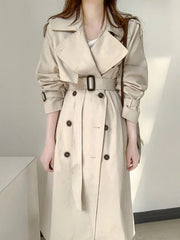 Elegant Long Trench Coat Double Breasted Sashes Casual Office Outerwear Jacket