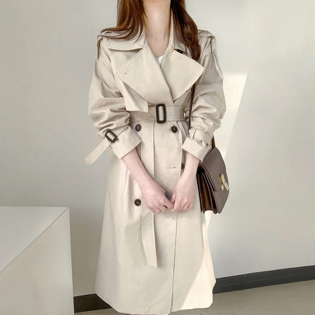 Elegant Long Trench Coat Double Breasted Sashes Casual Office Outerwear Jacket