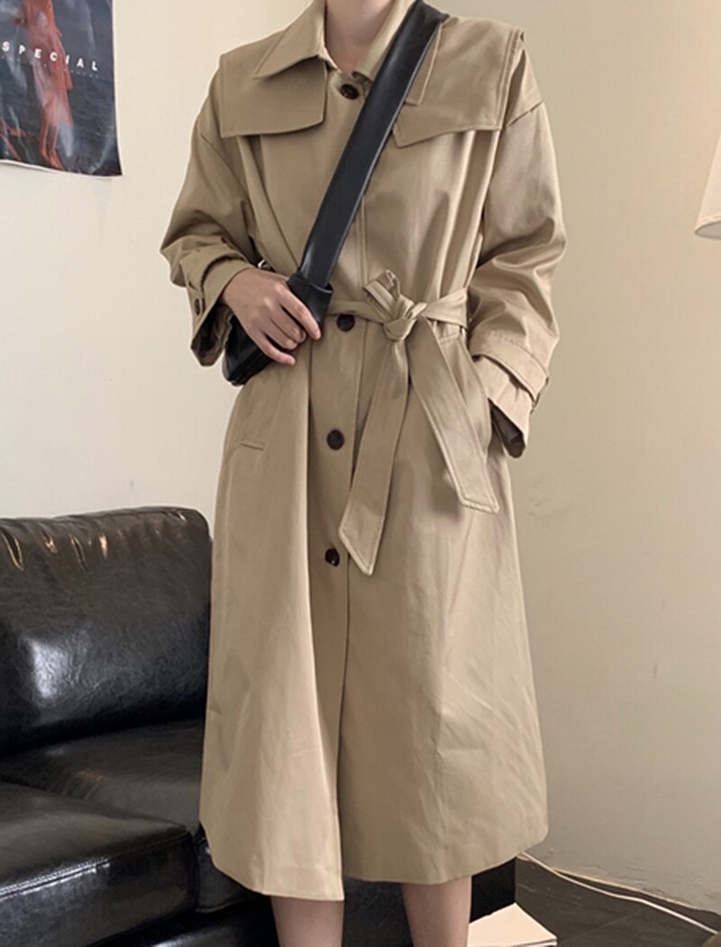 Long Windbreaker Korean Single Breasted Coat With Belt