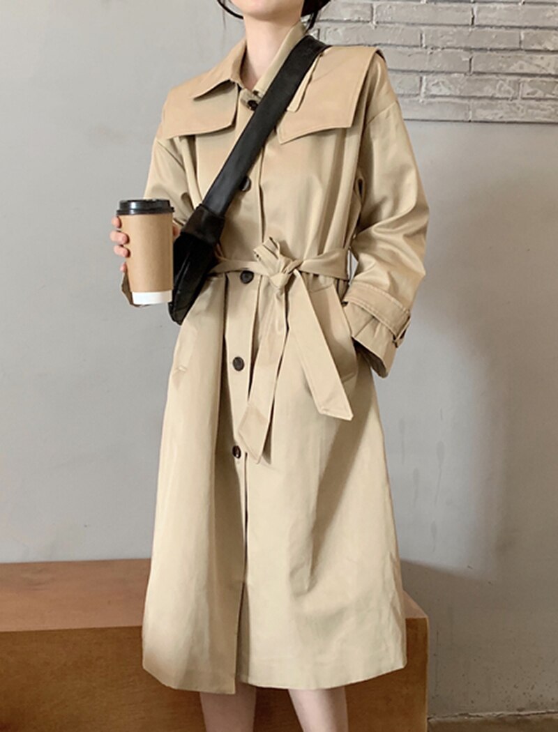 Long Windbreaker Korean Single Breasted Coat With Belt