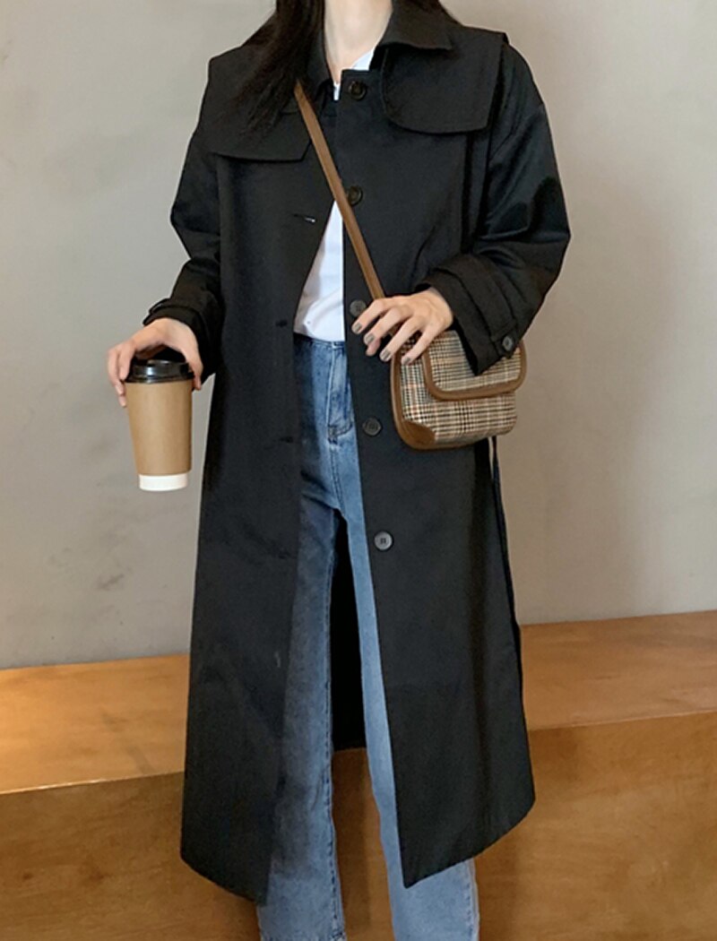 Long Windbreaker Korean Single Breasted Coat With Belt