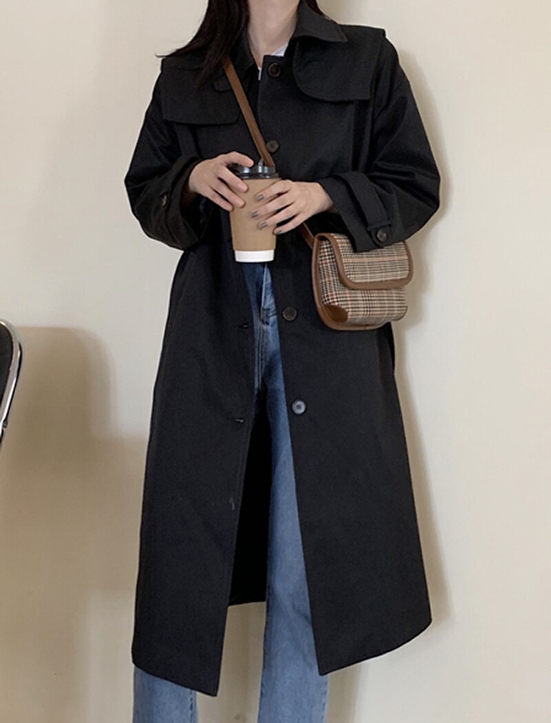 Long Windbreaker Korean Single Breasted Coat With Belt