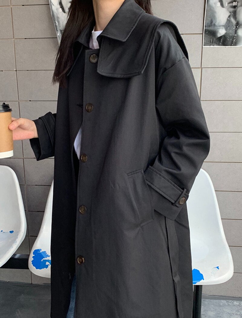 Long Windbreaker Korean Single Breasted Coat With Belt