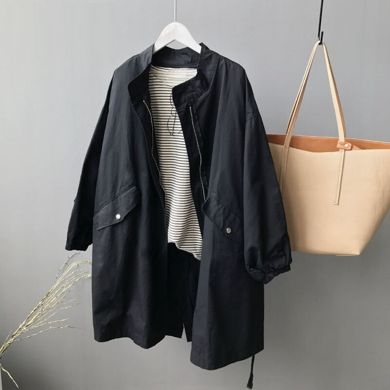 Loose Batwing Long Sleeve Windbreaker Zipper Up Oversize Coat