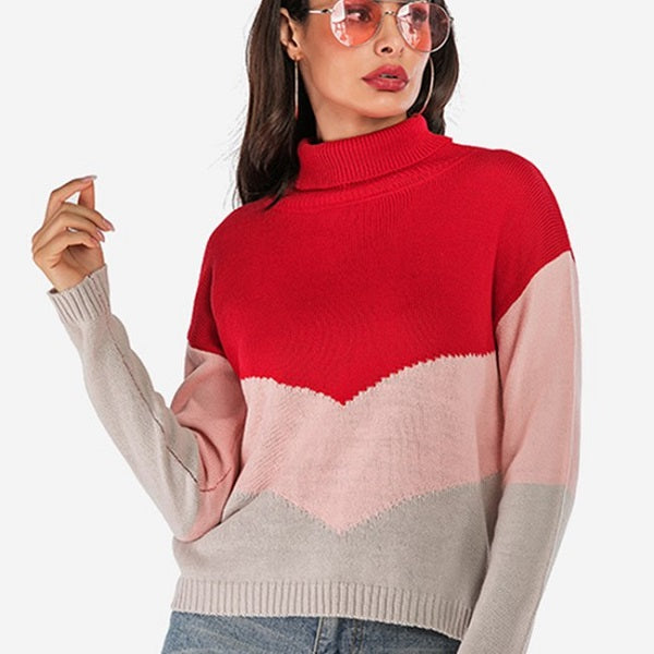 Loose Long-sleeve Block Color Pullover Sweater