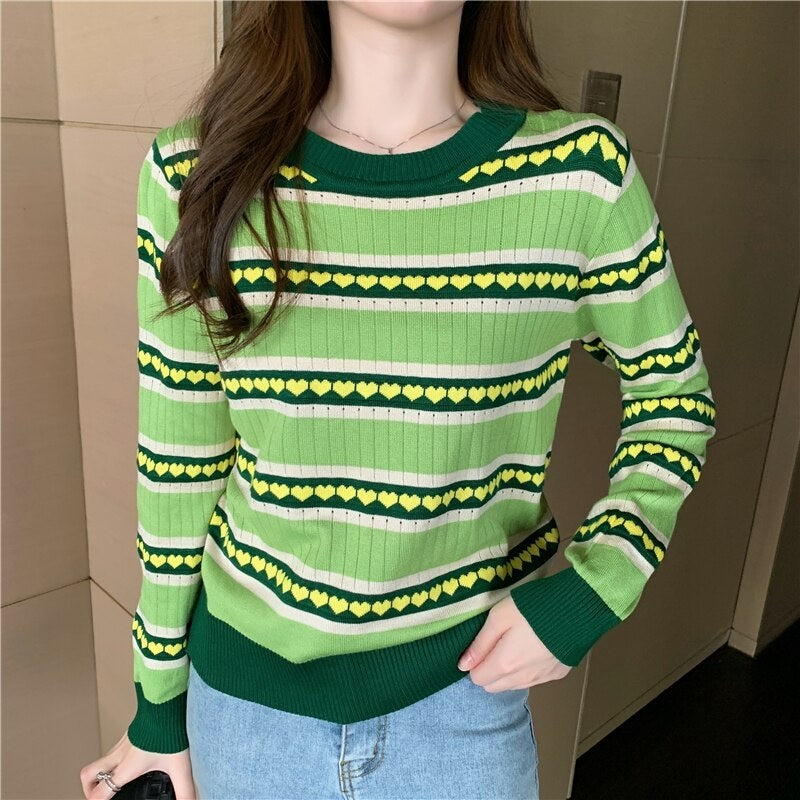 Love Heart Stripe Long Sleeve Knit Slim Sweater