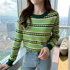 Love Heart Stripe Long Sleeve Knit Slim Sweater