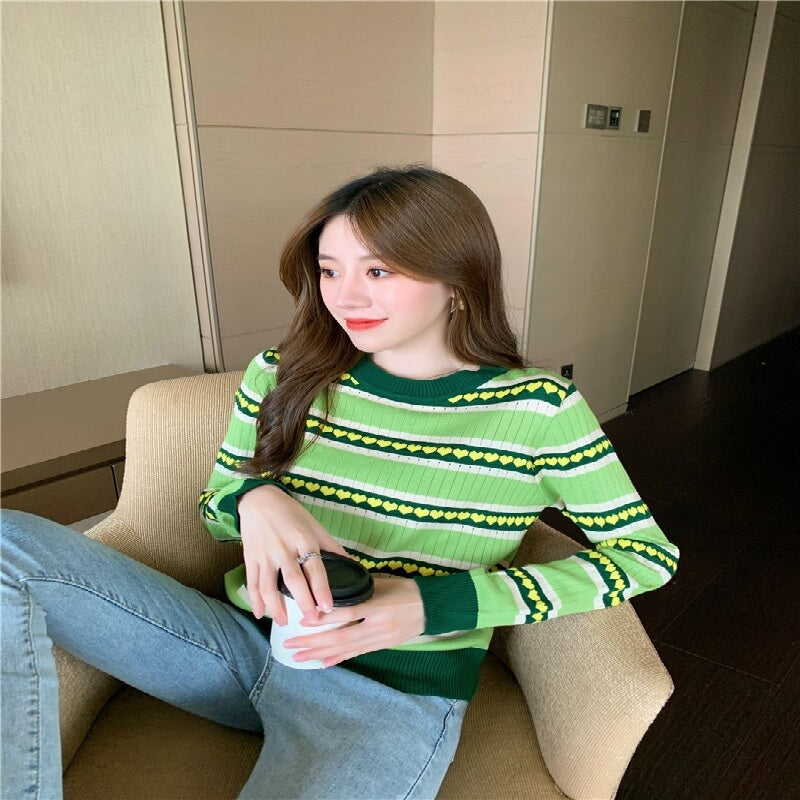 Love Heart Stripe Long Sleeve Knit Slim Sweater