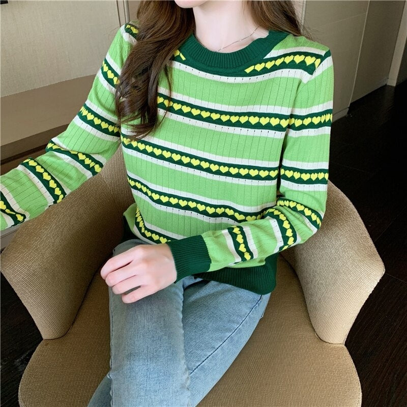 Love Heart Stripe Long Sleeve Knit Slim Sweater