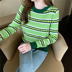 Love Heart Stripe Long Sleeve Knit Slim Sweater