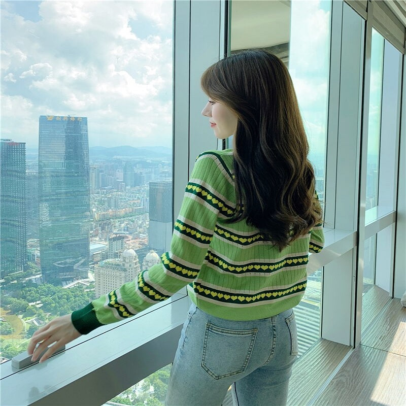 Love Heart Stripe Long Sleeve Knit Slim Sweater