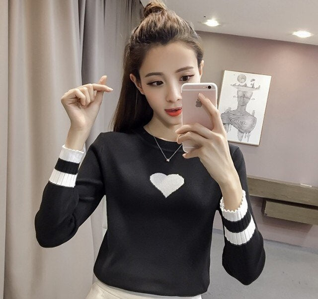 Love heart Knitted Cotton Sleeve Striped Sweaters Pullover
