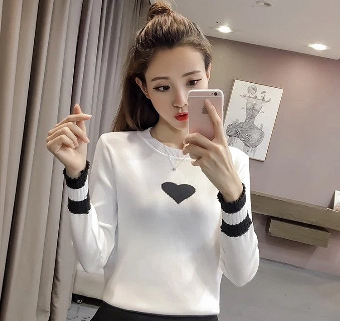 Love heart Knitted Cotton Sleeve Striped Sweaters Pullover