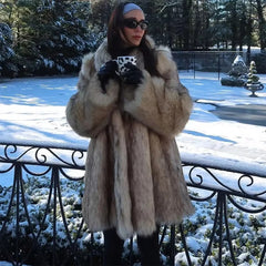 Luxurious Lapel Faux Fur Midi Thick Warm Oversize Cardigan Coat