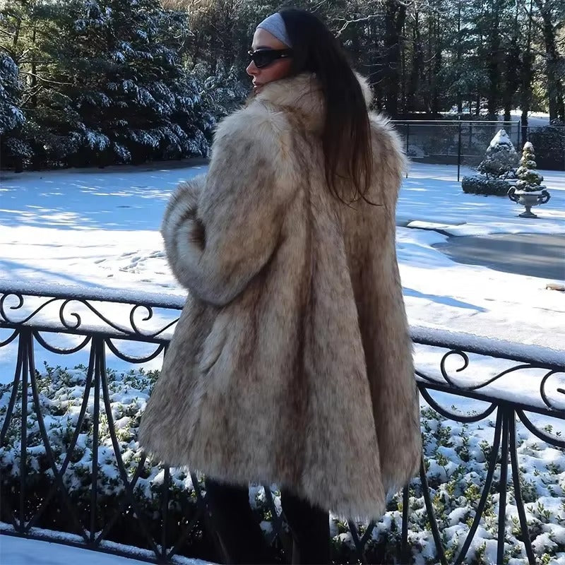 Luxurious Lapel Faux Fur Midi Thick Warm Oversize Cardigan Coat