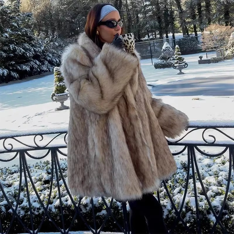Luxurious Lapel Faux Fur Midi Thick Warm Oversize Cardigan Coat