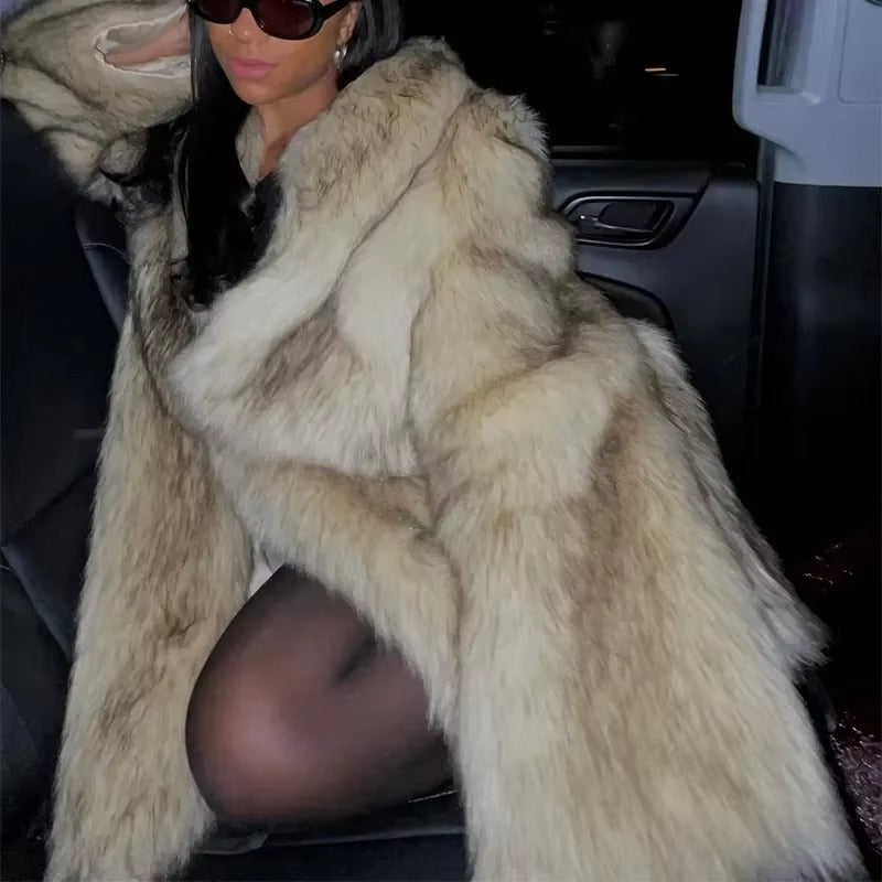Luxurious Lapel Faux Fur Midi Thick Warm Oversize Cardigan Coat