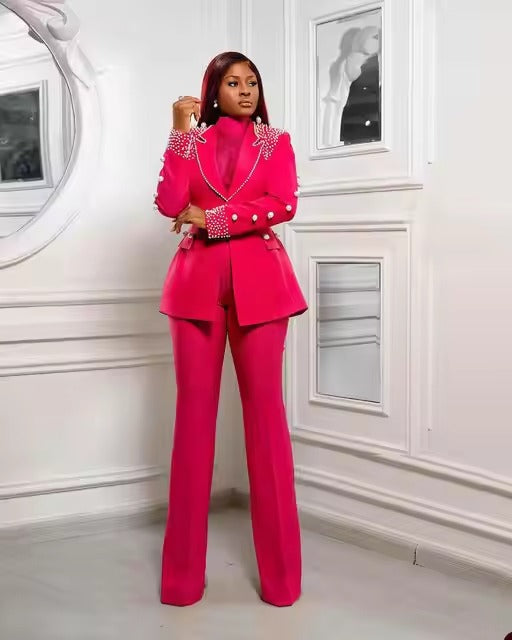 Luxury Beaded Pearls Blazer Flare Trousers Daily Formal Party Pants Jacket Suits
