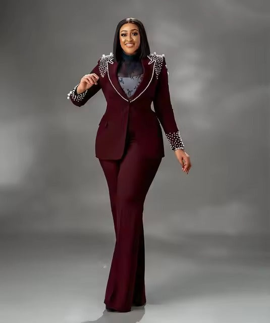 Luxury Beaded Pearls Blazer Flare Trousers Daily Formal Party Pants Jacket Suits