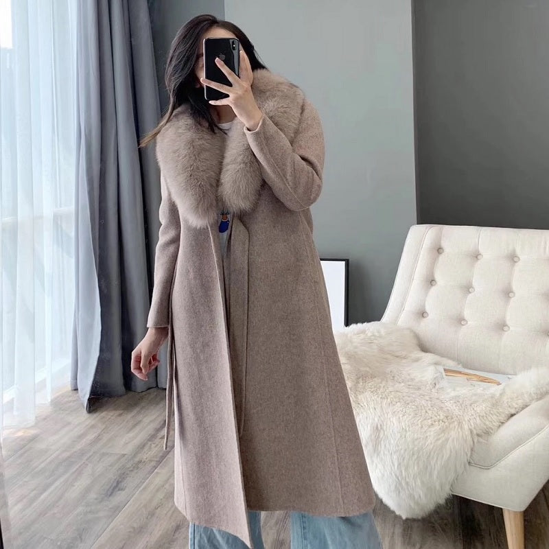Luxury Cashmere Real Fox Fur Collar Elegant Coat