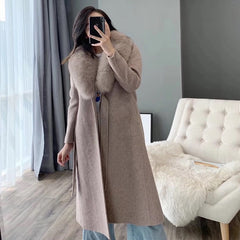 Luxury Cashmere Real Fox Fur Collar Elegant Coat