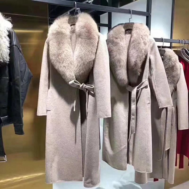 Luxury Cashmere Real Fox Fur Collar Elegant Coat