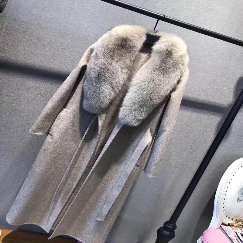 Luxury Cashmere Real Fox Fur Collar Elegant Coat
