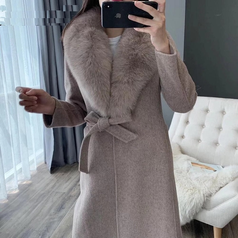 Luxury Cashmere Real Fox Fur Collar Elegant Coat