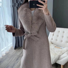 Luxury Cashmere Real Fox Fur Collar Elegant Coat