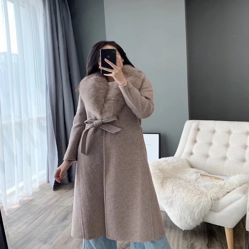 Luxury Cashmere Real Fox Fur Collar Elegant Coat