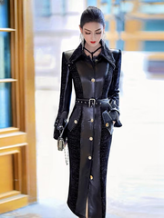 Luxury Elegant Fitted Patchwork Pu Leather Single Breasted Runway Trench Coat