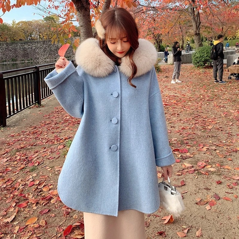 Luxury Fox Fur Loose Korean Double-Faced Woolen Coats