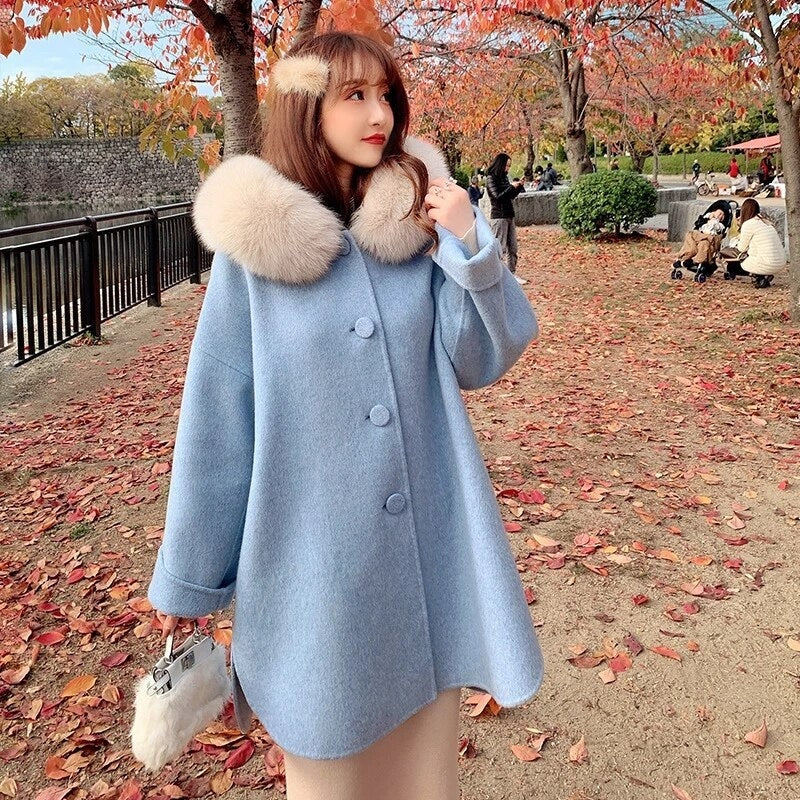Luxury Fox Fur Loose Korean Double-Faced Woolen Coats