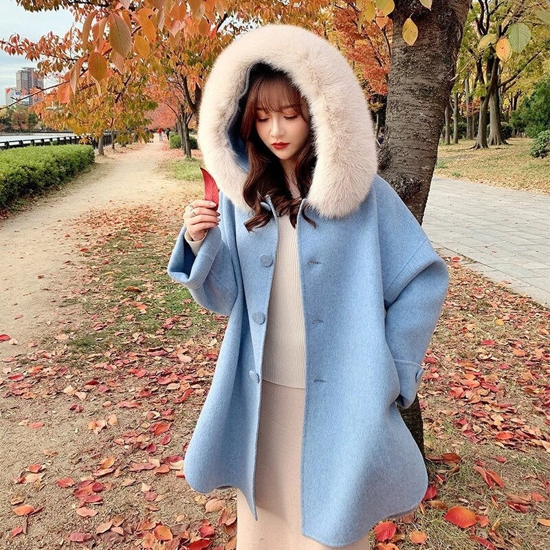 Luxury Fox Fur Loose Korean Double-Faced Woolen Coats