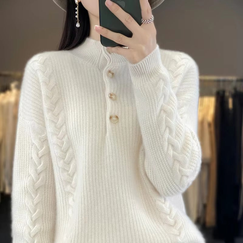 Luxury Mock Neck Knitted Half High Collar Pullover Wool Loose Cashmere Sweater