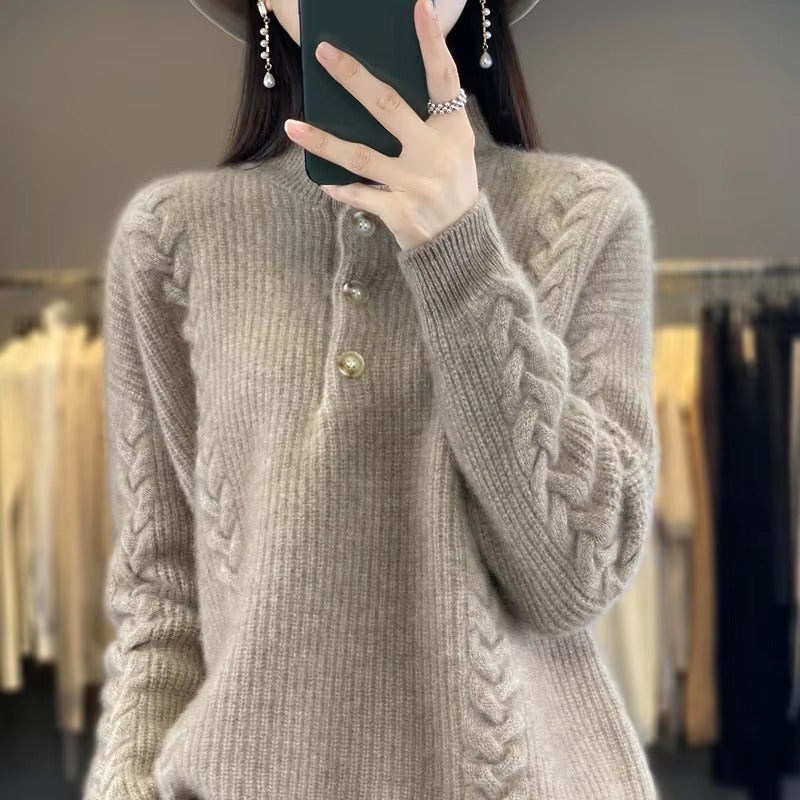Luxury Mock Neck Knitted Half High Collar Pullover Wool Loose Cashmere Sweater
