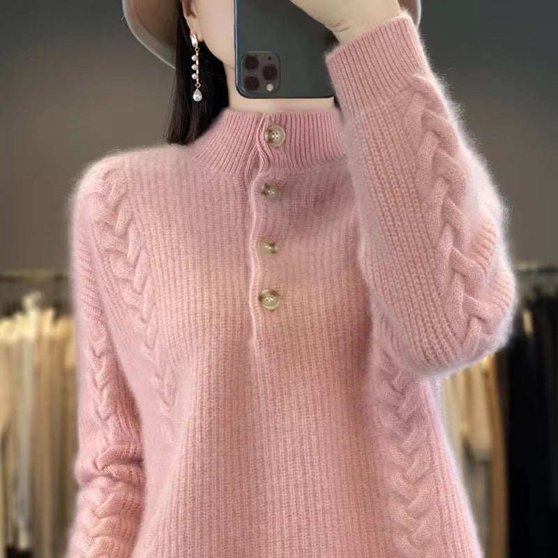 Luxury Mock Neck Knitted Half High Collar Pullover Wool Loose Cashmere Sweater