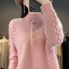 Luxury Mock Neck Knitted Half High Collar Pullover Wool Loose Cashmere Sweater
