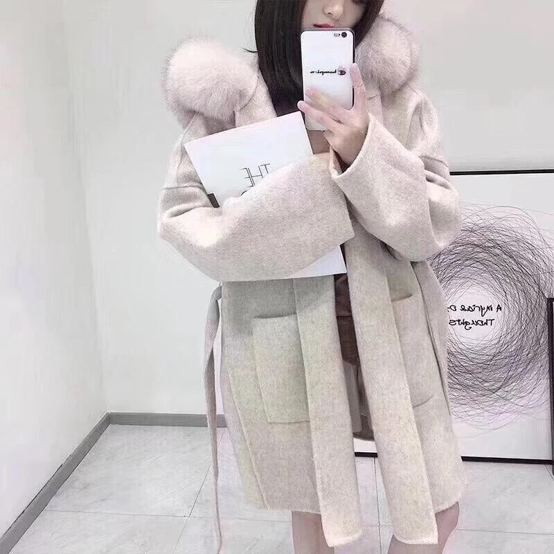 Luxury Natural Fur Hooded Cashmere Elegant Coats