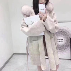 Luxury Natural Fur Hooded Cashmere Elegant Coats