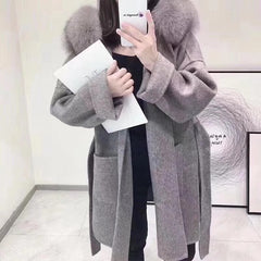 Luxury Natural Fur Hooded Cashmere Elegant Coats